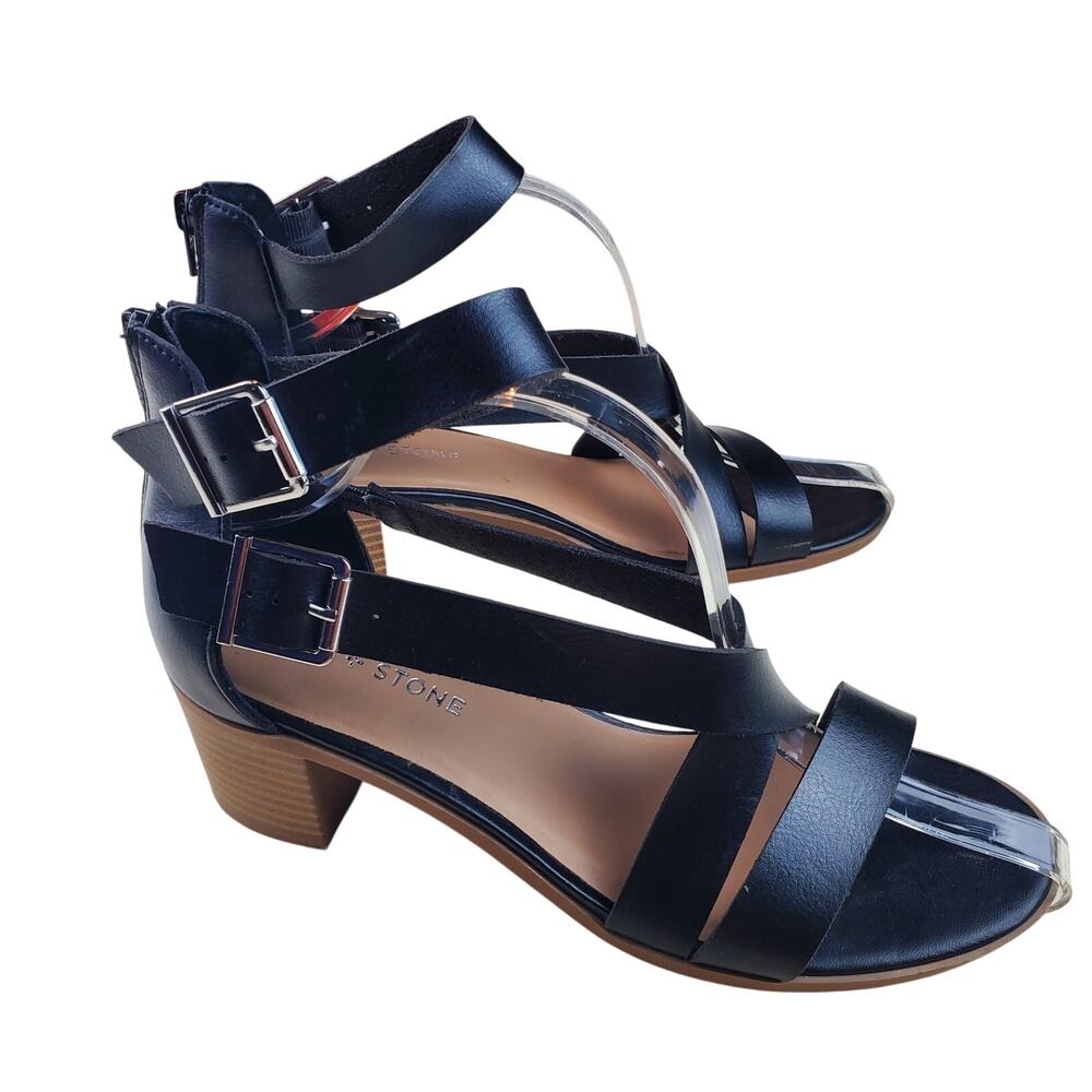 SUN + STONE |  Quinn Strappy | Black |  Block Heel Sandals | Size 8.5